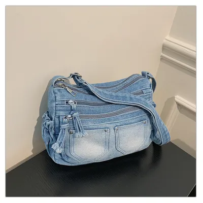Women Fashion Casual Contrast Washed Denim Crossbody Bag