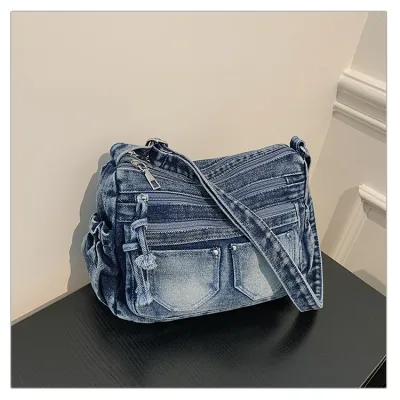 Women Fashion Casual Contrast Washed Denim Crossbody Bag
