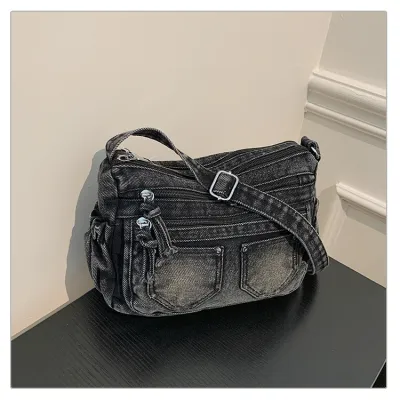 Women Fashion Casual Contrast Washed Denim Crossbody Bag