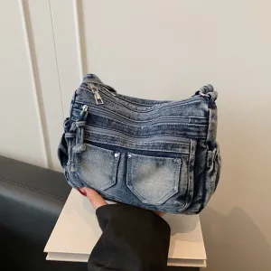 Women Fashion Casual Contrast Washed Denim Crossbody Bag