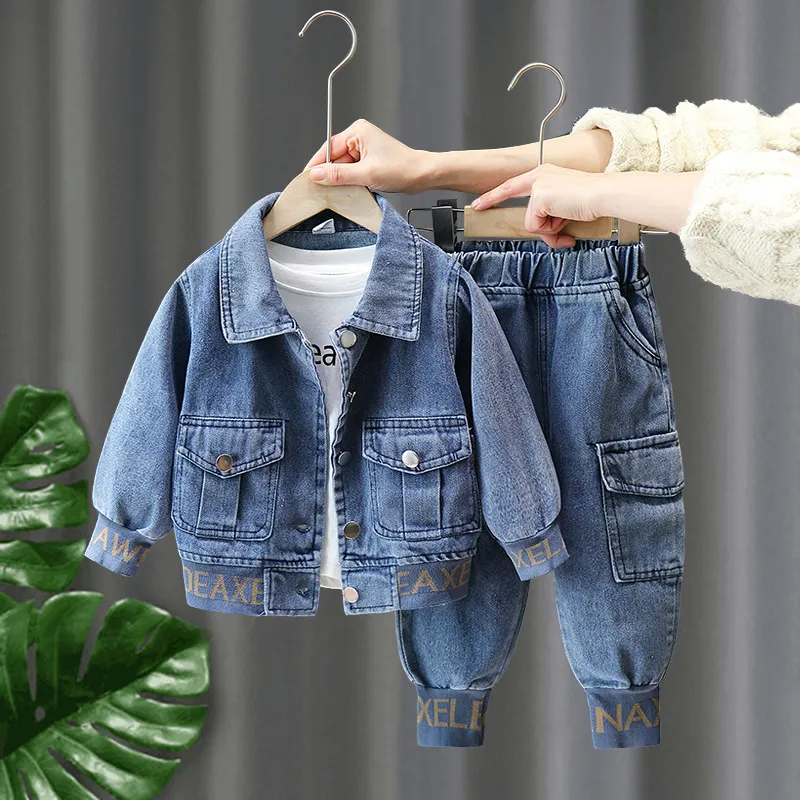 Kids Boys Fashion Casual Spring And Autumn Long-Sleeve Coat Jeans Denim Two-Piece Set