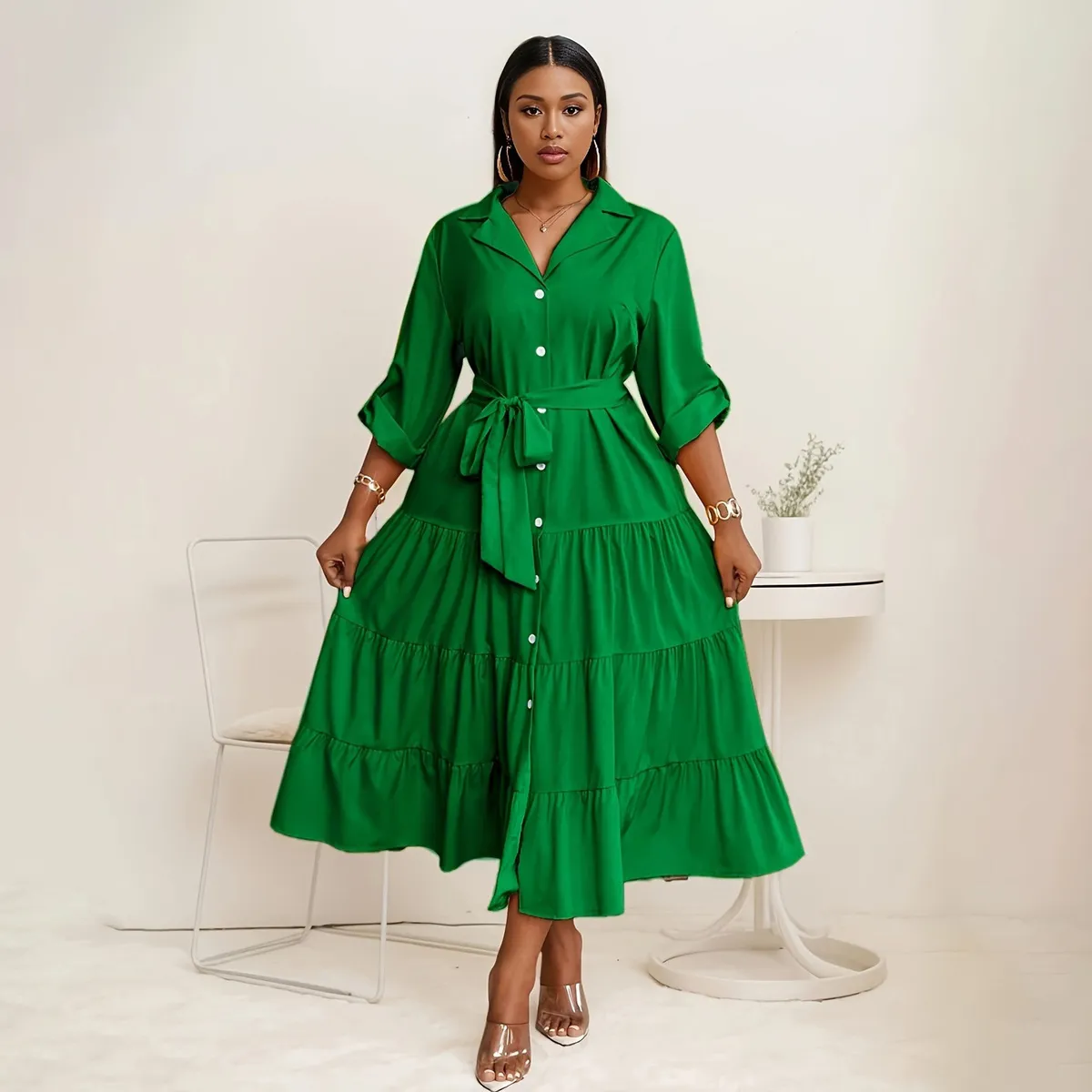 Women Fashion Casual Plus Size Autumn Solid Color Polo Collar Long-Sleeve Lace-Up Mid-Length Dress