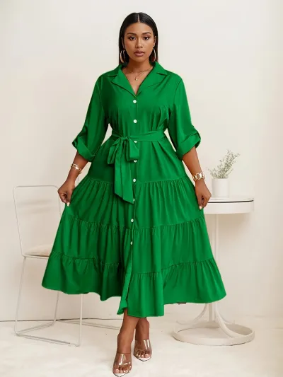 Women Fashion Casual Plus Size Autumn Solid Color Polo Collar Long-Sleeve Lace-Up Mid-Length Dress