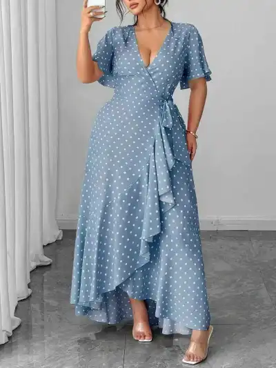 Women Fashion Casual Plus Size Summer Polka Dot Print V-Neck Short-Sleeve Ruffled Dress