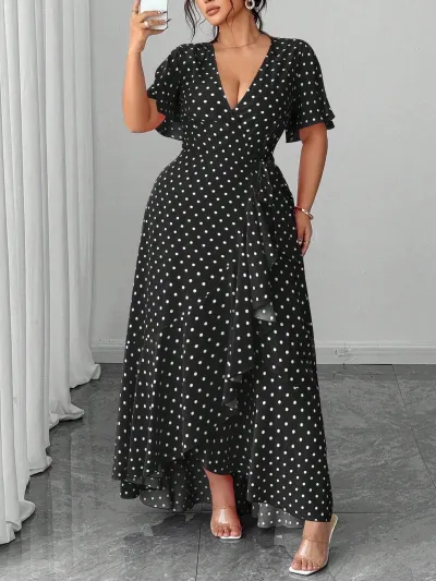 Women Fashion Casual Plus Size Summer Polka Dot Print V-Neck Short-Sleeve Ruffled Dress