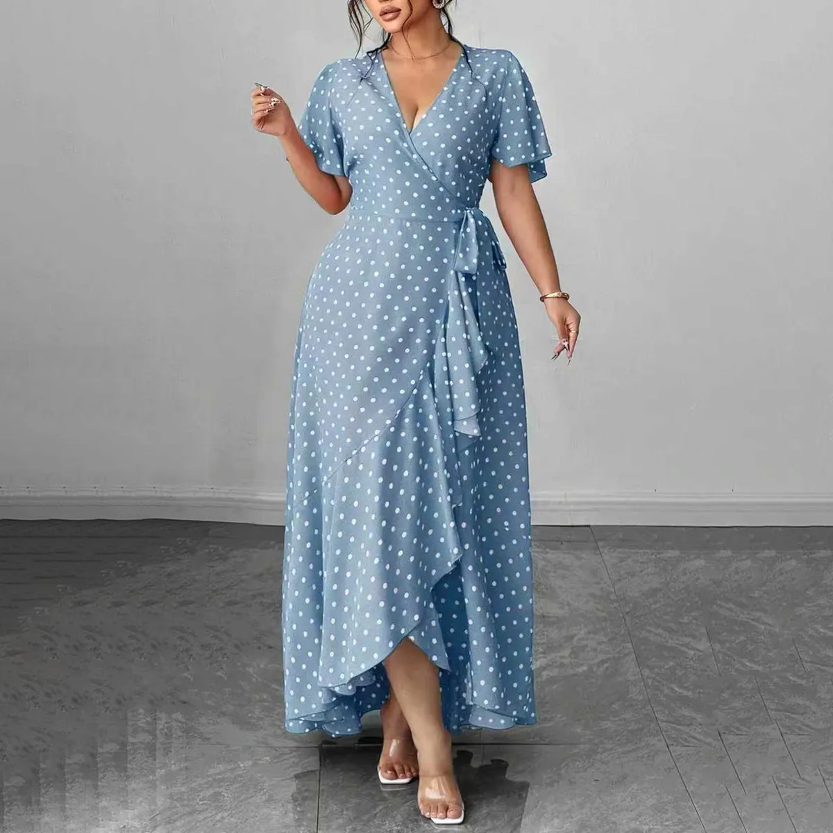 Women Fashion Casual Plus Size Summer Polka Dot Print V-Neck Short-Sleeve Ruffled Dress