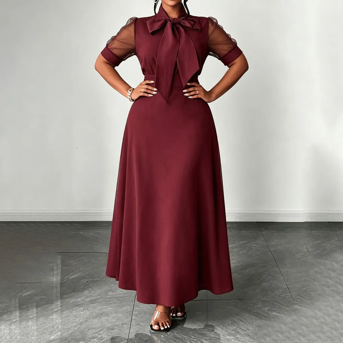 Women Fashion Elegant Plus Size Summer Mesh Stitching Short-Sleeve Bow Collar A- Line Dress