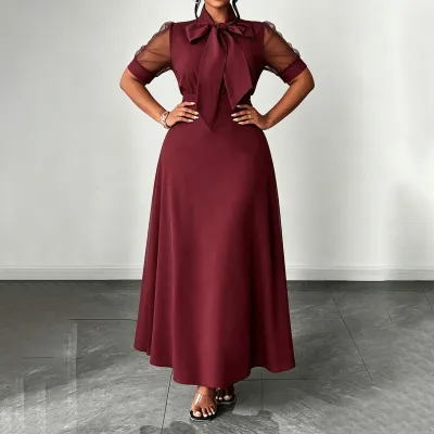 Vestido de mujer elegante de talla grande para verano, con cuello de lazo y mangas cortas.