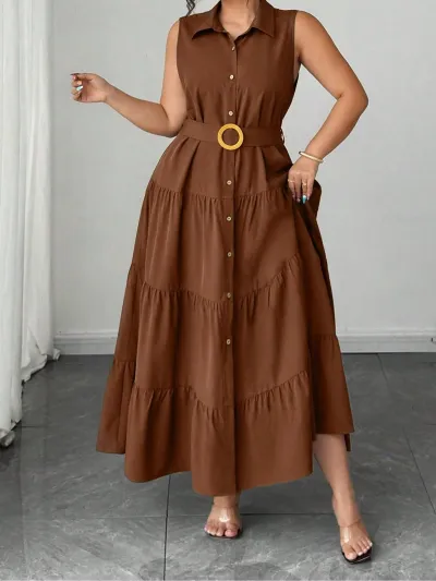 Women Fashion Plus Size Summer Solid Color Polo Collar Sleeveless Belt A- Line Dress