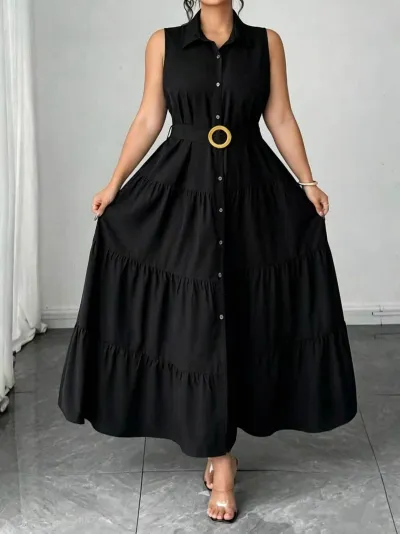 Women Fashion Plus Size Summer Solid Color Polo Collar Sleeveless Belt A- Line Dress