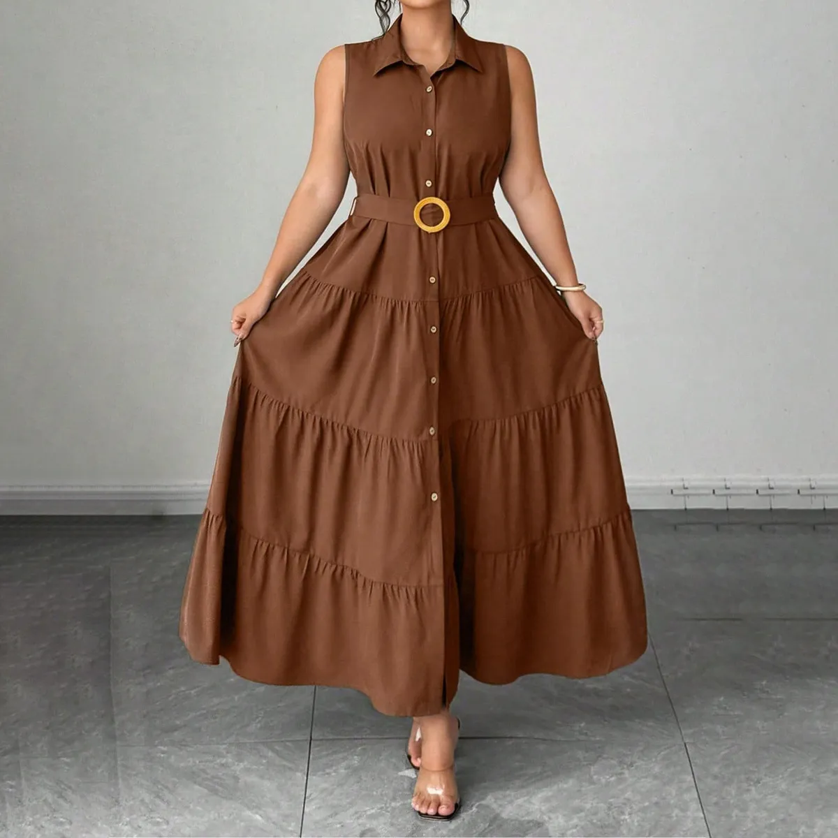Women Fashion Plus Size Summer Solid Color Polo Collar Sleeveless Belt A- Line Dress