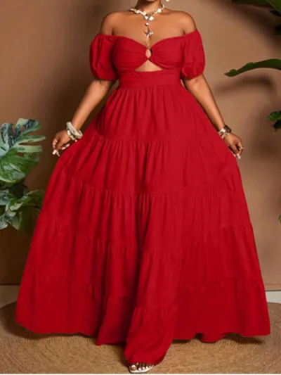 Women Fashion Sexy Elegant Plus Size Solid Color Off-Shoulder Short-Sleeve Loose Dress