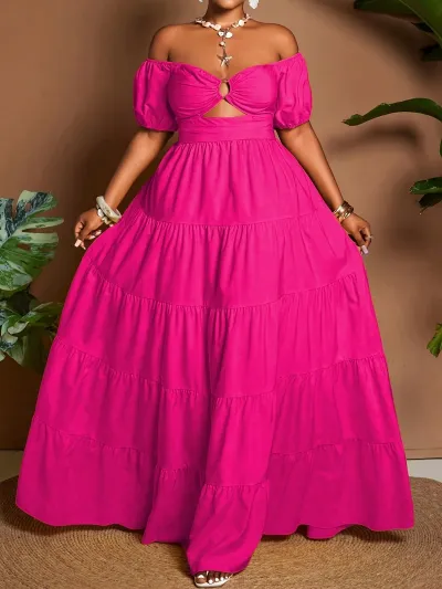 Women Fashion Sexy Elegant Plus Size Solid Color Off-Shoulder Short-Sleeve Loose Dress