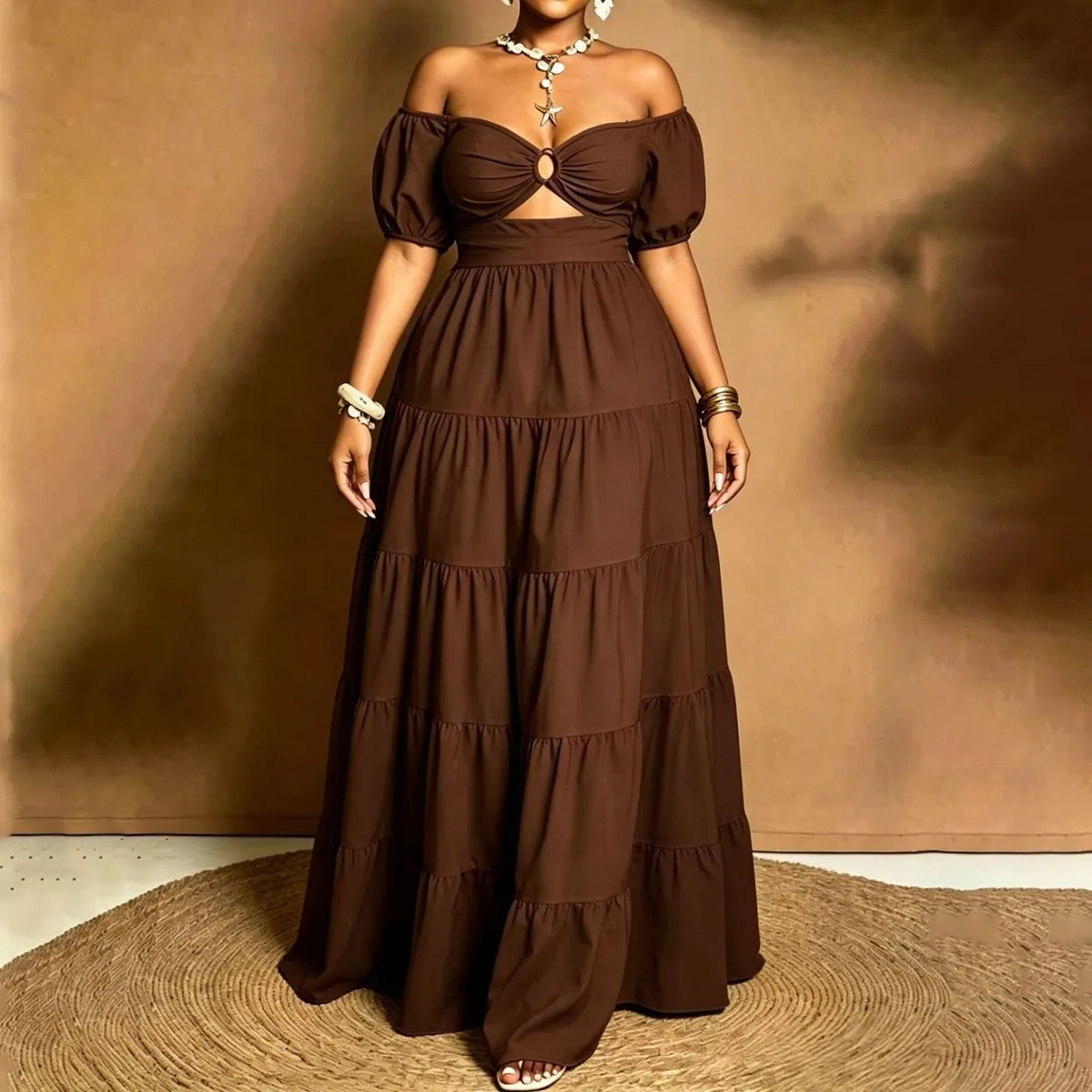 Women Fashion Sexy Elegant Plus Size Solid Color Off-Shoulder Short-Sleeve Loose Dress