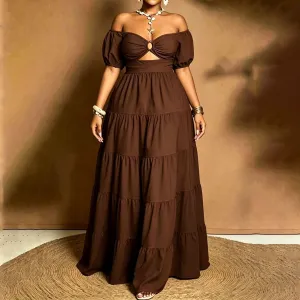 Women Fashion Sexy Elegant Plus Size Solid Color Off-Shoulder Short-Sleeve Loose Dress