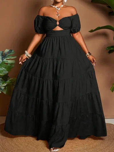 Women Fashion Sexy Elegant Plus Size Solid Color Off-Shoulder Short-Sleeve Loose Dress