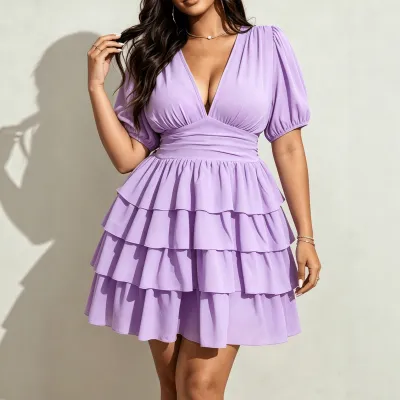 Women Fashion Elegant Plus Size Summer Solid Colo V-Neck Short Sleeve Multi Layer A-Line Dress