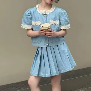 Kids Girls Fashion Casual Summer Lace Stitching Short-Sleeve Top Pleated Skirt Denim Two-Piece Set