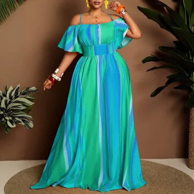 Women'S Fashion Elegant Plus Size Summer Color Block Off-Shoulder Short-Sleeve A-Line Dress