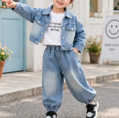 Kids Girls' Fashion Casual Spring And Autumn Lapel Long-Sleeve T-Shirt Coat Jeans Denim Three-Piece Set