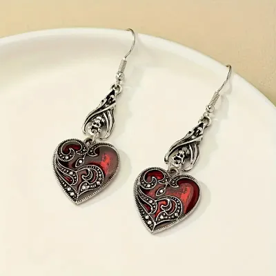 Halloween Women'S Fashion Alloy Gothic Style Dark Bat Oil Dropping Heart-Shaped Pattern Earrings