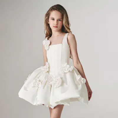 Kids Girls Fashion Elegant Solid Color Flower Decoration Sleeveless Puff Princess Dress