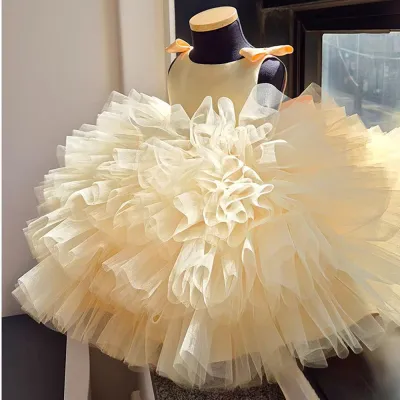 Kids Girl Fashion Cute Solid Color Sleeveless Ruffled Yarn Stitching Party Dress