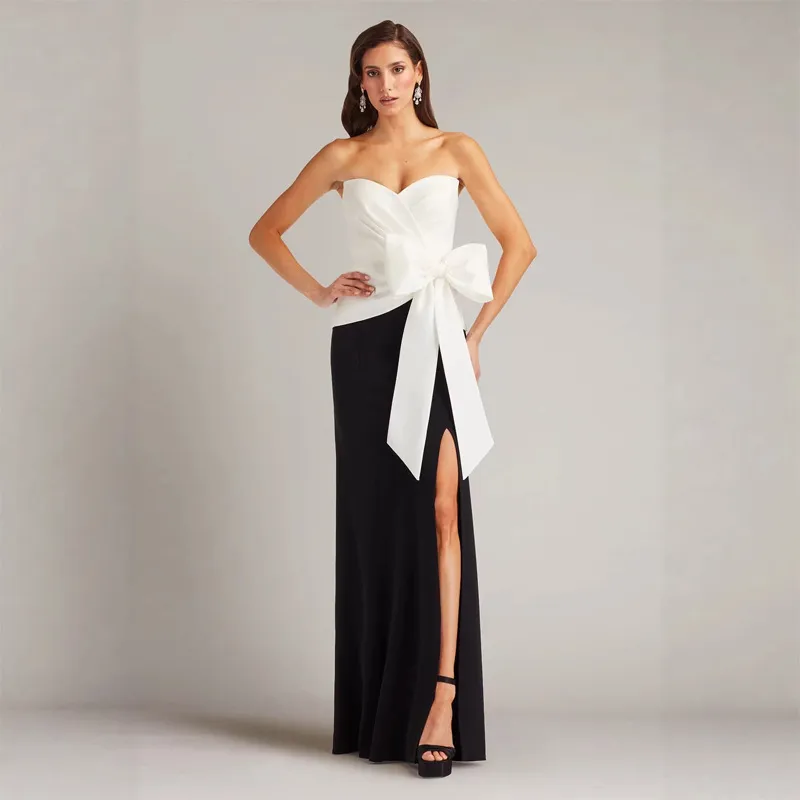 Women Fashion Elegant Black White Contrast Color Deep V Bow Backless Formal Dresses