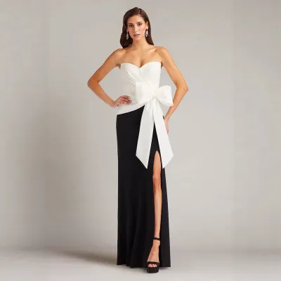 Women Fashion Elegant Black White Contrast Color Deep V Bow Backless Formal Dresses