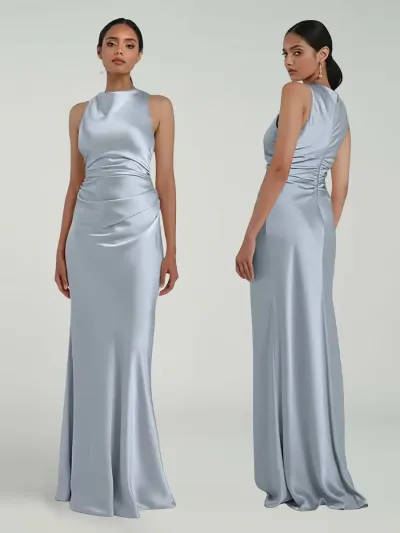 Women Fashion Elegant Solid Color Blue Satin Formal Dresses