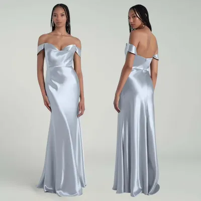 Women Fashion Elegant Solid Color Blue Satin Formal Dresses