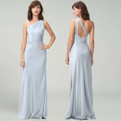 Women Fashion Elegant Solid Color Blue Satin Formal Dresses