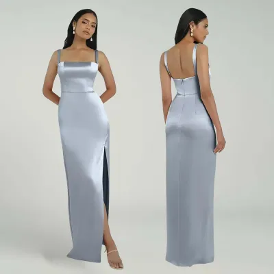 Women Fashion Elegant Solid Color Blue Satin Formal Dresses