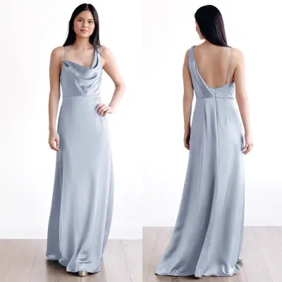 Women Fashion Elegant Solid Color Blue Satin Formal Dresses