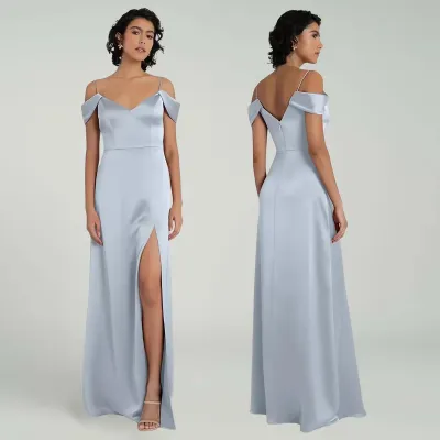 Women Fashion Elegant Solid Color Blue Satin Formal Dresses