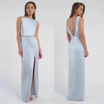 Women Fashion Elegant Solid Color Blue Satin Formal Dresses