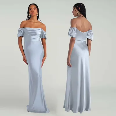 Women Fashion Elegant Solid Color Blue Satin Formal Dresses