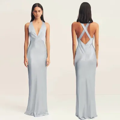 Women Fashion Elegant Solid Color Blue Satin Formal Dresses