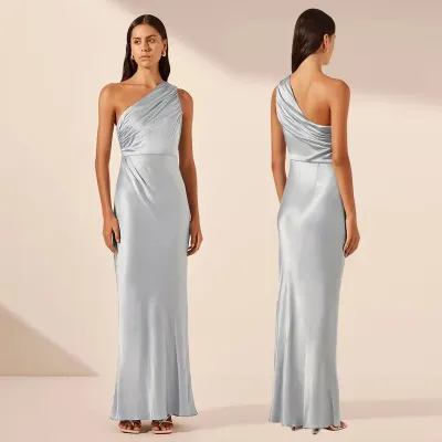 Women Fashion Elegant Solid Color Blue Satin Formal Dresses