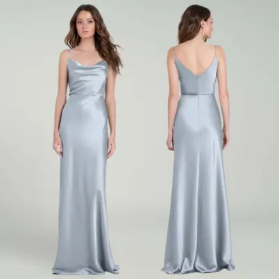 Women Fashion Elegant Solid Color Blue Satin Formal Dresses