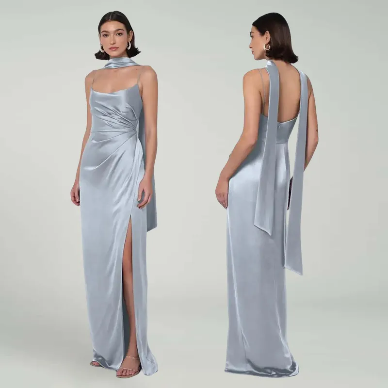 Women Fashion Elegant Solid Color Blue Satin Formal Dresses