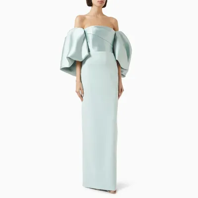 Women Fashion Elegant Solid Color Satin Off-Shoulder Puff-Sleeve Backless Formal Dresses
