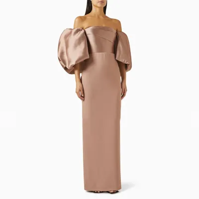 Women Fashion Elegant Solid Color Satin Off-Shoulder Puff-Sleeve Backless Formal Dresses