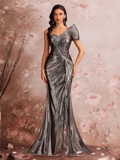 Women Fashion Elegant One-Shoulder Backless Pleated Split Formal Dresses