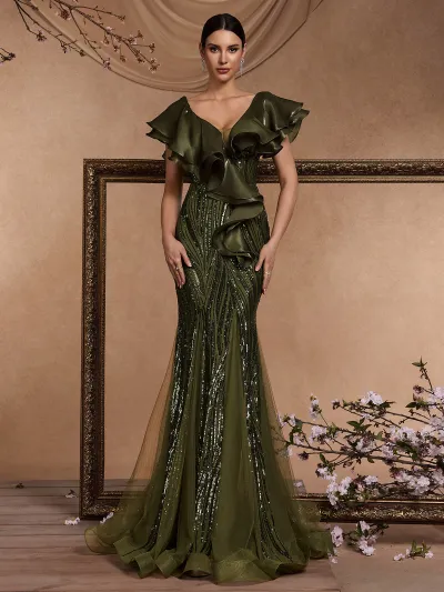 Women Fashion Elegant Mesh Stitching Ruffle Sleeve Bead Backless Formal Dresses