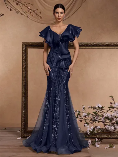 Women Fashion Elegant Mesh Stitching Ruffle Sleeve Bead Backless Formal Dresses