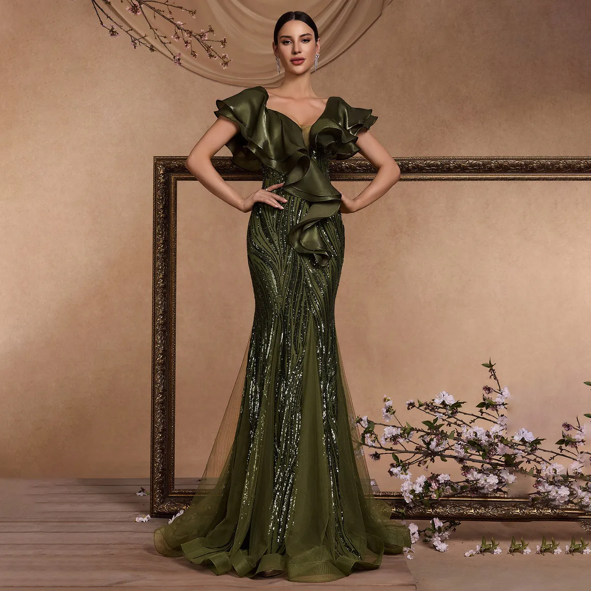 Women Fashion Elegant Mesh Stitching Ruffle Sleeve Bead Backless Formal Dresses