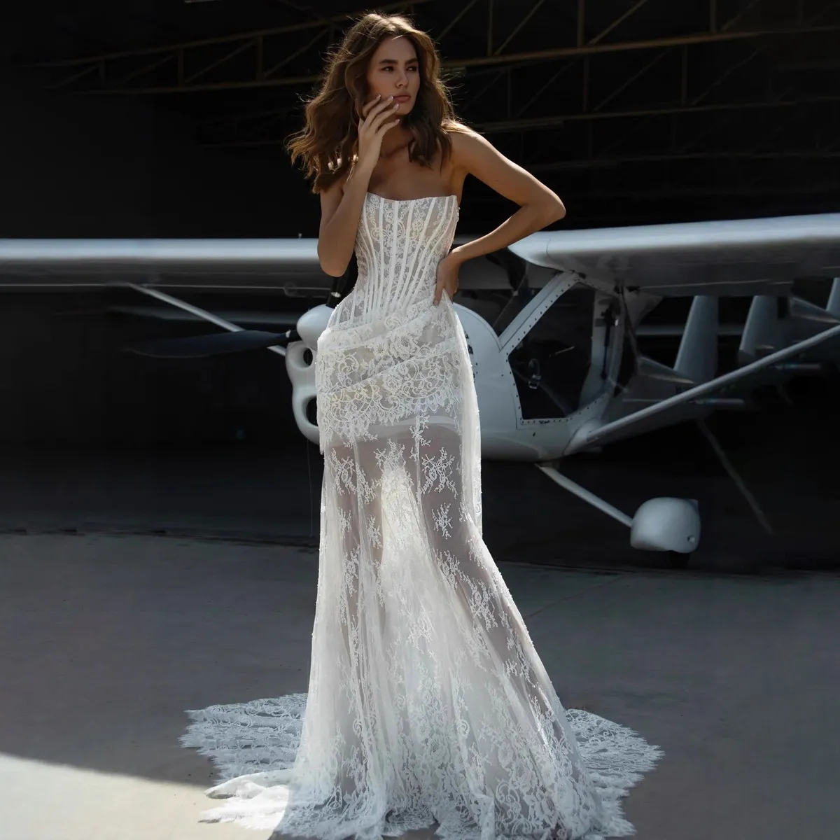 Women'S Fashion Sexy Elegant Lace Perspective Stitching Waist Tube Top Formal Dresses