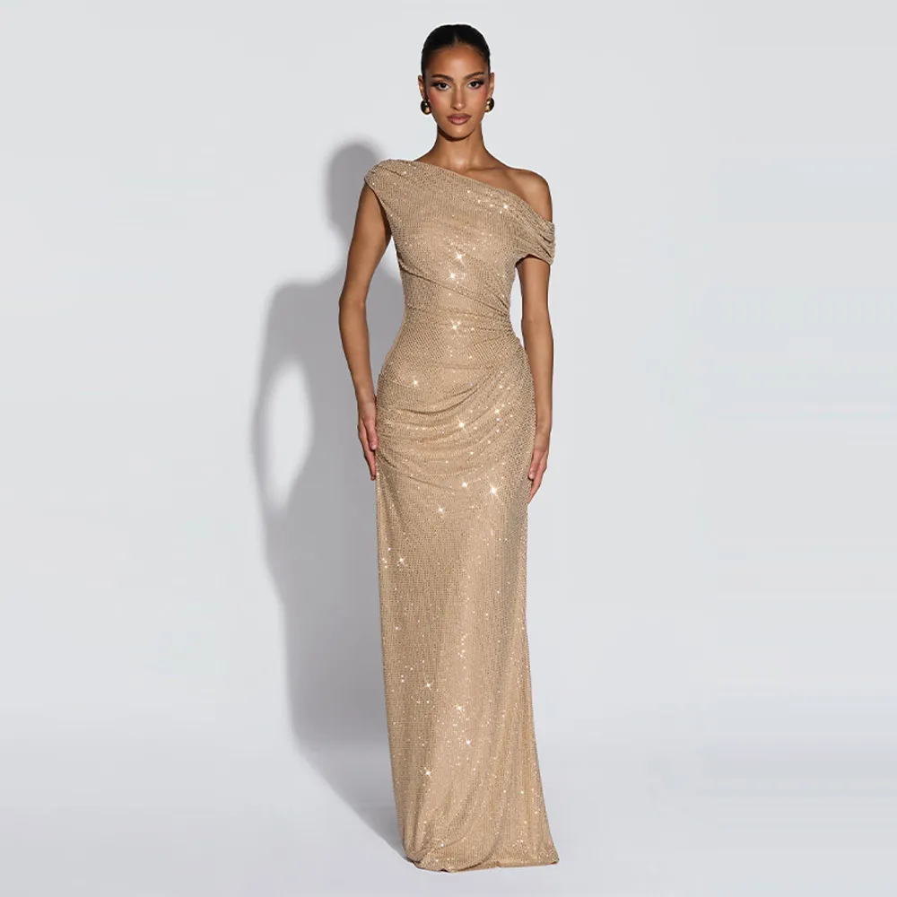 Women Fashion Elegant Solid Color Rhinestone Slant Shoulder Slim-Fit Formal Dresses