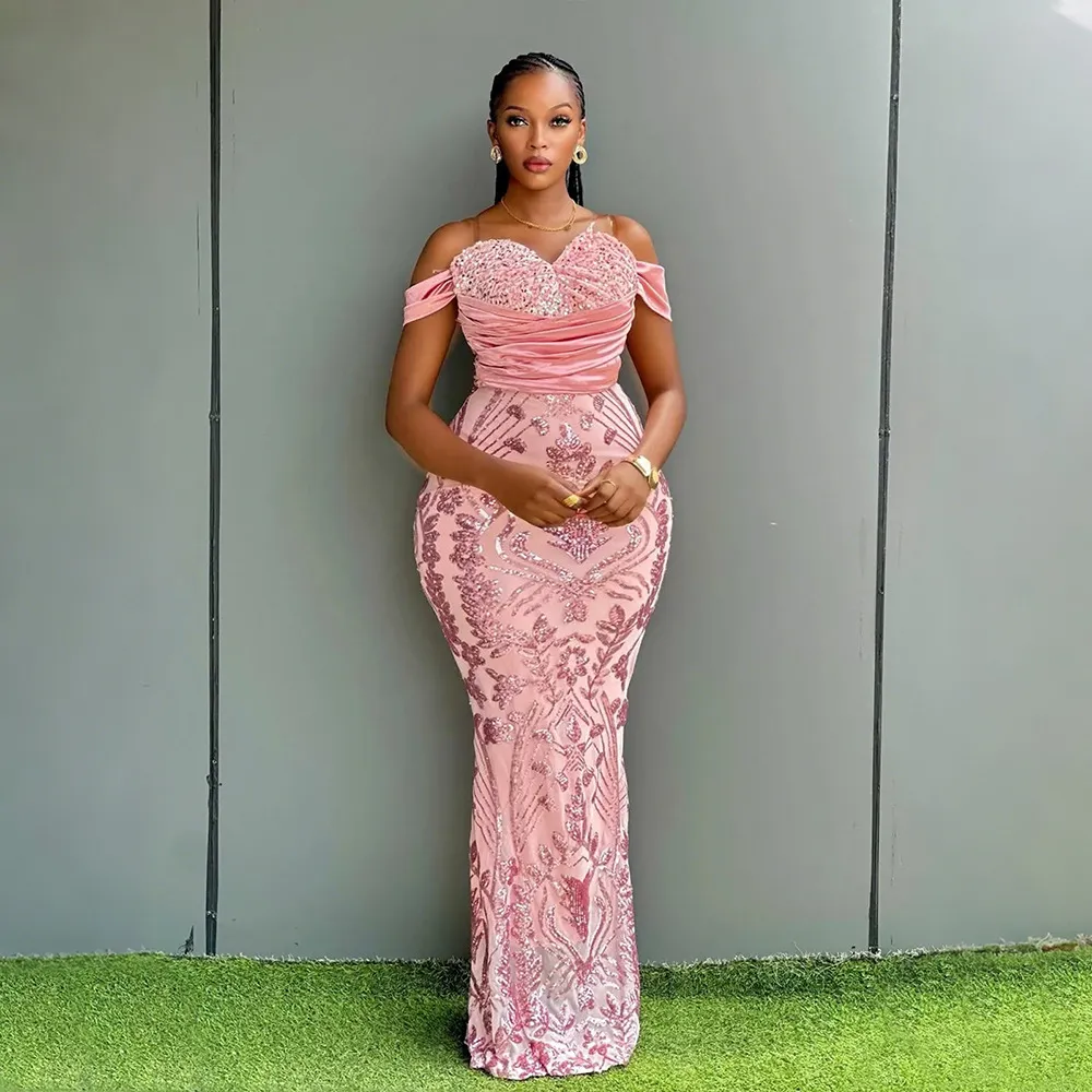 Women Fashion Elegant Sequined Velvet Off-Shoulder Slim-Fit Formal Dresses